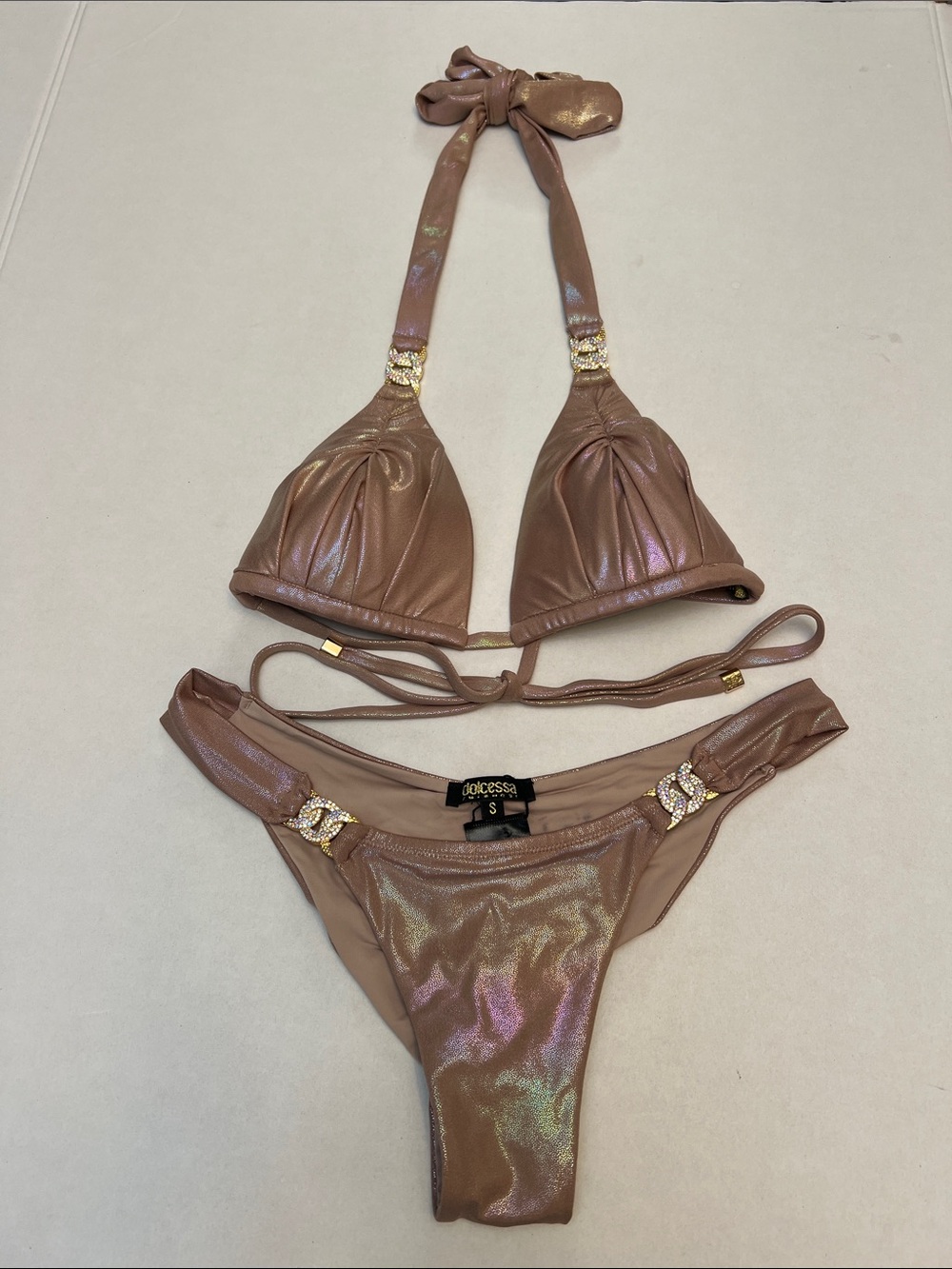 DOLCESSA TAUPE SHINE OPHIDIA METALLIC   BIKINI SET TOP MEDIUM BOTTOMS SMALL - Picture 3 of 15